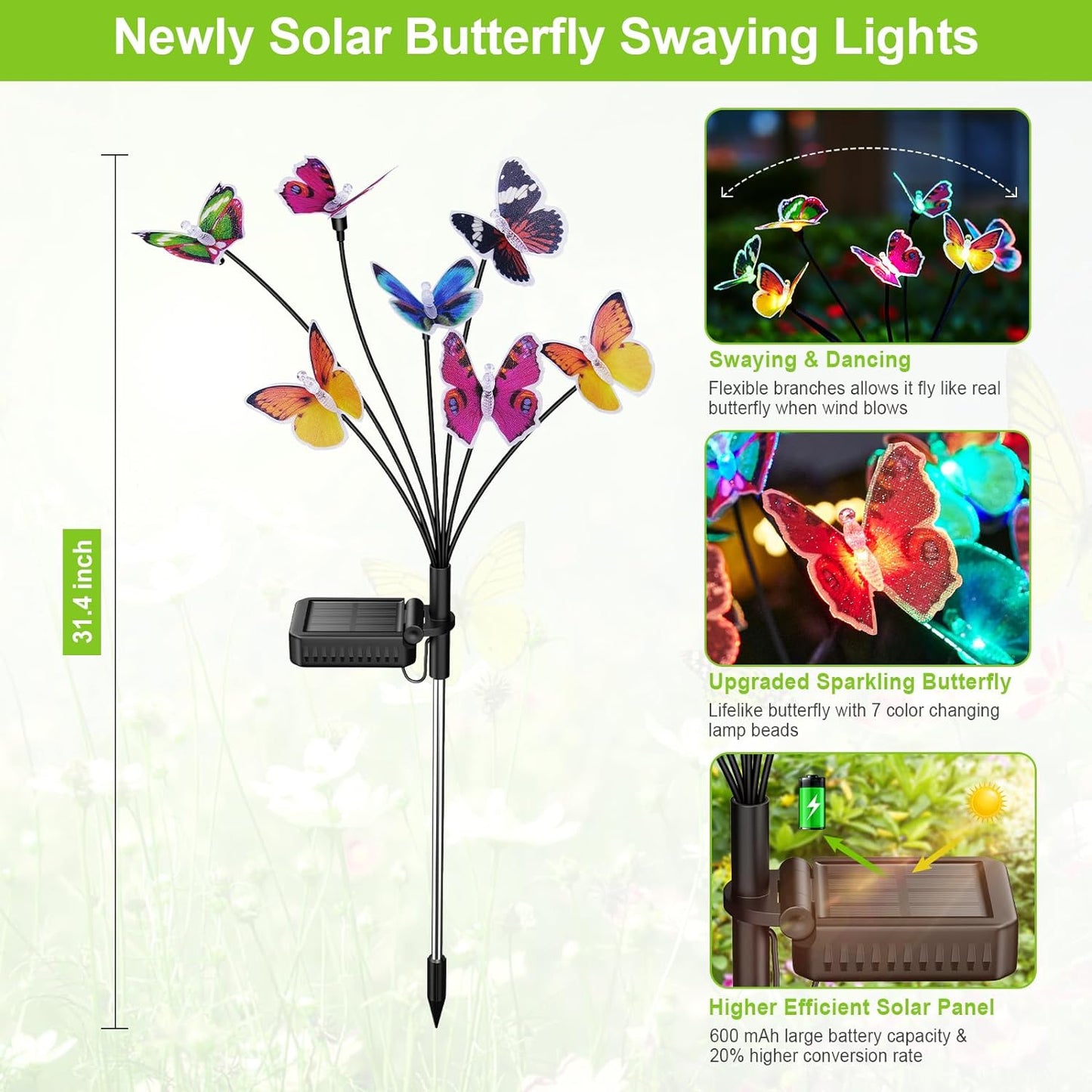 Neporal Solar Garden Lights, Swaying Butterfly Garden Lights Solar Outdoor, 7 Color Changing Solar Lights for Outside Yard Patio Decorations, Swaying in The Wind Sparkling Butterfly Garden Decor 2PK
