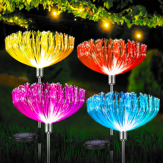 Neporal Solar Garden Lights, 7 Color Changing Solar Lights Outdoor Decorative, IP65 Waterproof Garden Lights Solar Powered, 4 Pack Solar Flower Lights, Fiber Optic for Yard Patio Pathway Decorations