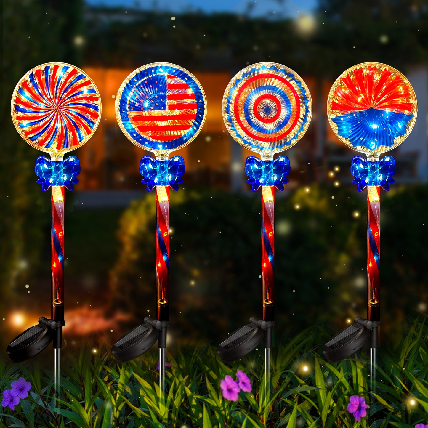 NEPORAL Red White and Blue Solar Lights for Garden,Yard, Pathway Decor,4 Packs