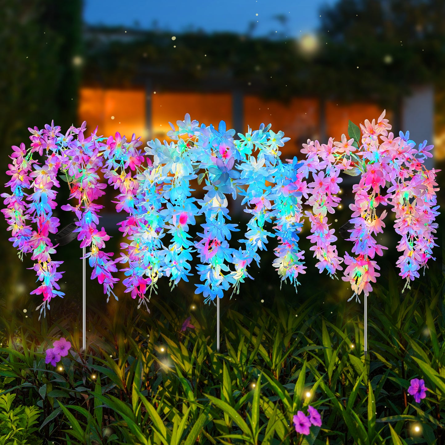 Neporal 5-Head Lilac Solar Flower Lights for Garden,Yard, Pathway Decor (3 Packs - Blue/Pink/Purple)