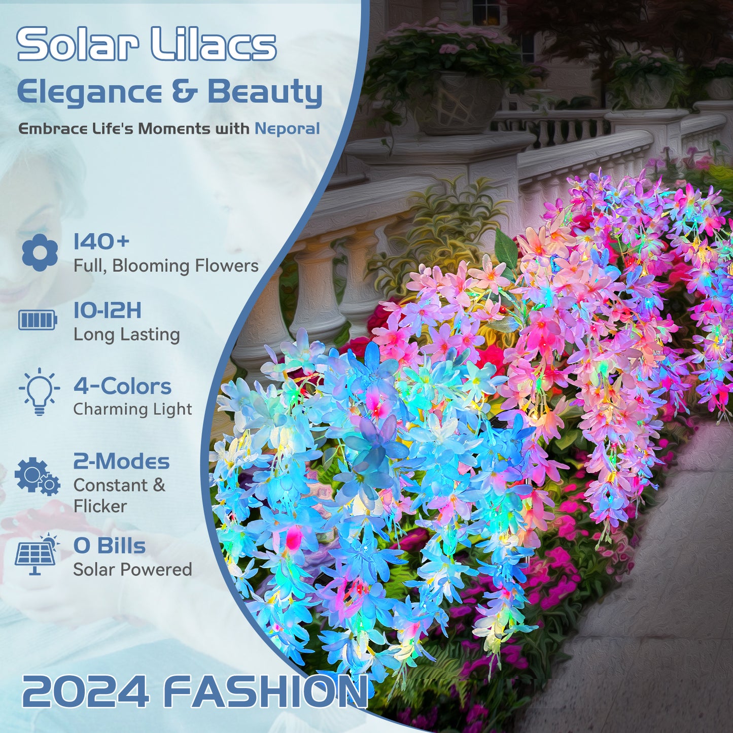 Neporal 5-Head Lilac Solar Flower Lights for Garden,Yard, Pathway Decor (3 Packs - Blue/Pink/Purple)