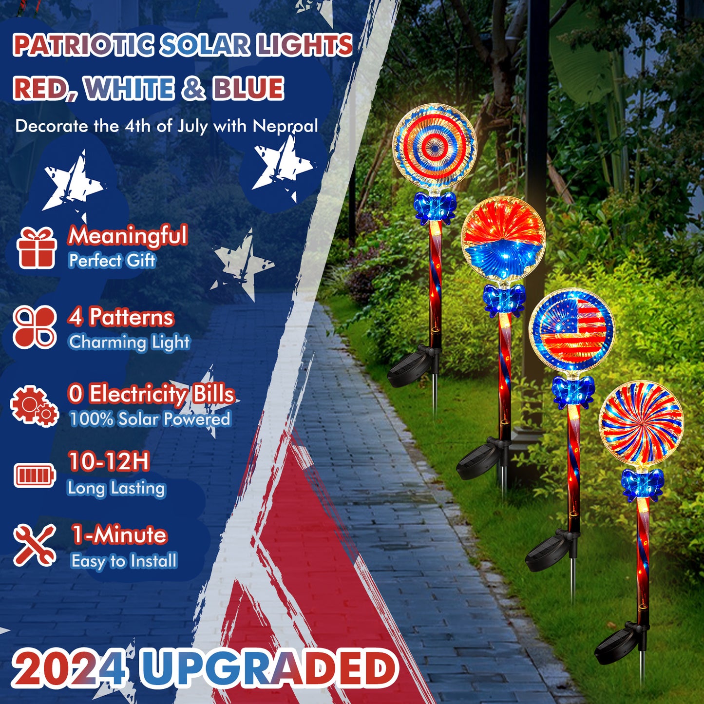 NEPORAL Red White and Blue Solar Lights for Garden,Yard, Pathway Decor,4 Packs