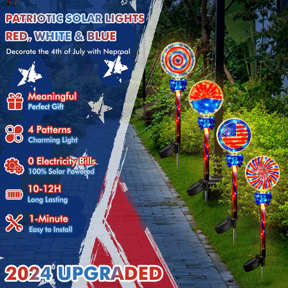 NEPORAL Red White and Blue Solar Lights for Garden,Yard, Pathway Decor,4 Packs