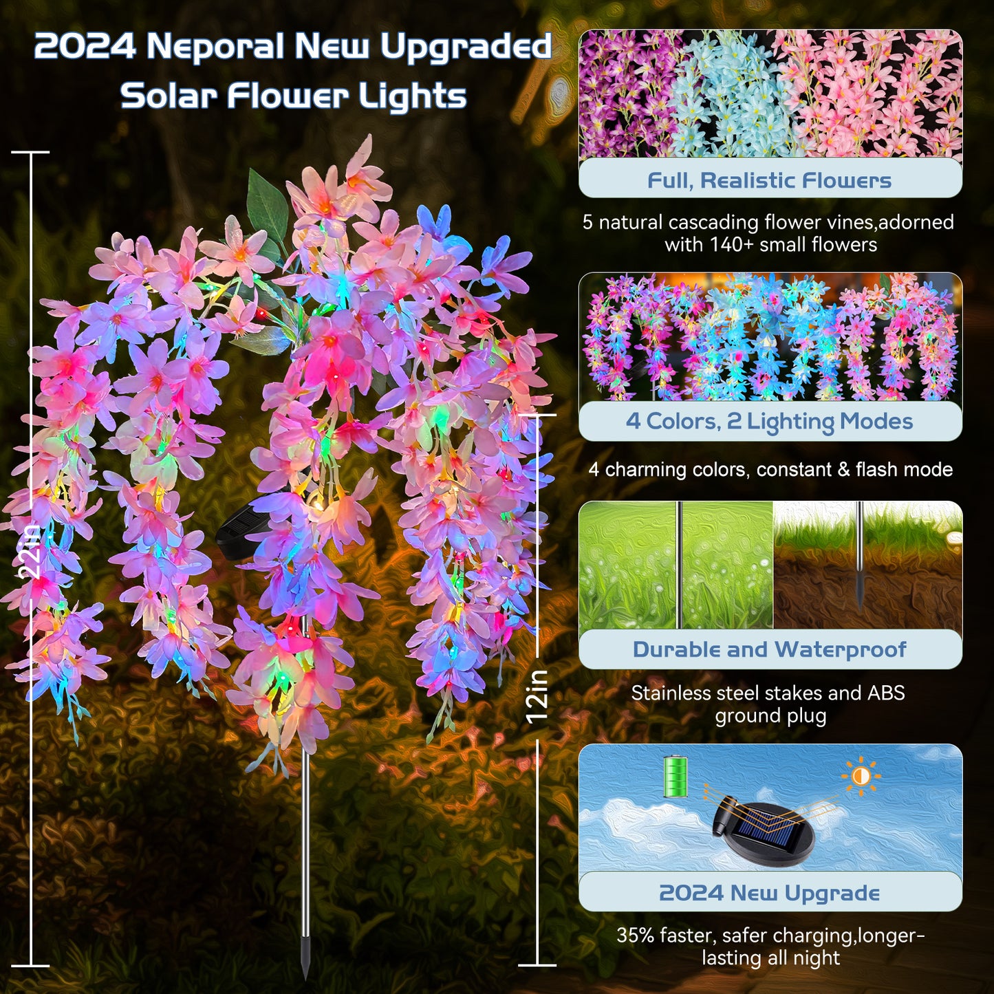 Neporal 5-Head Lilac Solar Flower Lights for Garden,Yard, Pathway Decor (3 Packs - Blue/Pink/Purple)