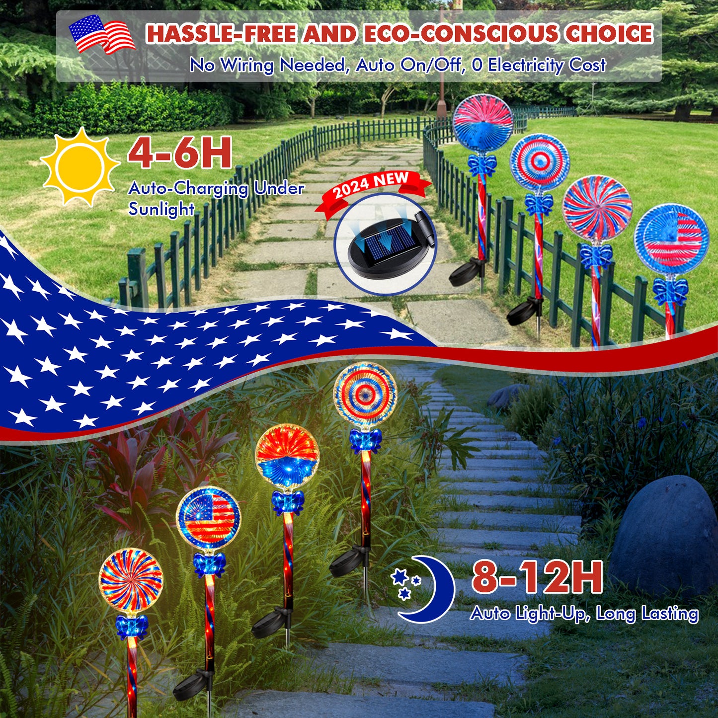 NEPORAL Red White and Blue Solar Lights for Garden,Yard, Pathway Decor,4 Packs