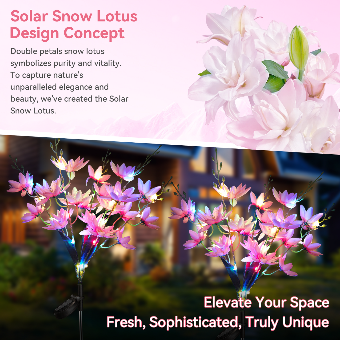 Neporal 5-Head Snow Lotus Solar Flower Lights for Garden,Yard, Pathway Decor(4 Packs -Pink)