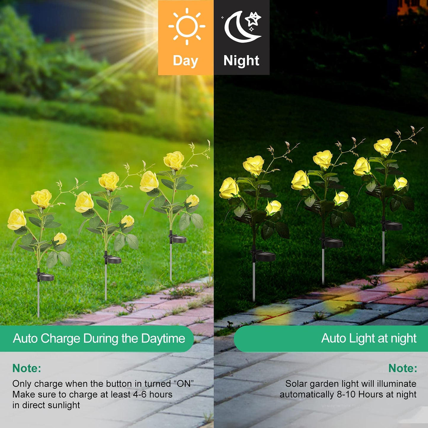 Solar Lights Outdoor Garden Decorative 1 Pack, Solar Flower Lights with 3 Yellow Roses, Rose Solar Lights with Dusk to Dawn, Garden Solar Lights Waterproof IP65 for Garden Decorations, Cemetery.