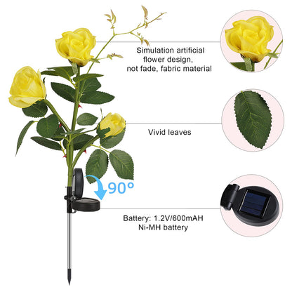 Solar Lights Outdoor Garden Decorative 1 Pack, Solar Flower Lights with 3 Yellow Roses, Rose Solar Lights with Dusk to Dawn, Garden Solar Lights Waterproof IP65 for Garden Decorations, Cemetery.