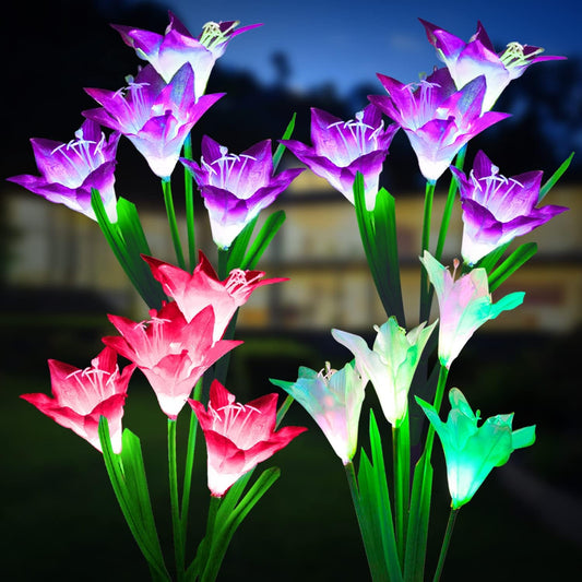 Neporal Outdoor Solar Lights, 4 Pack Solar Garden Lights with Bigger Lily Flowers, Waterproof 7 Color Changing Outdoor Lights - Bigger Solar Panel for Outdoor Patio Garden Decoration