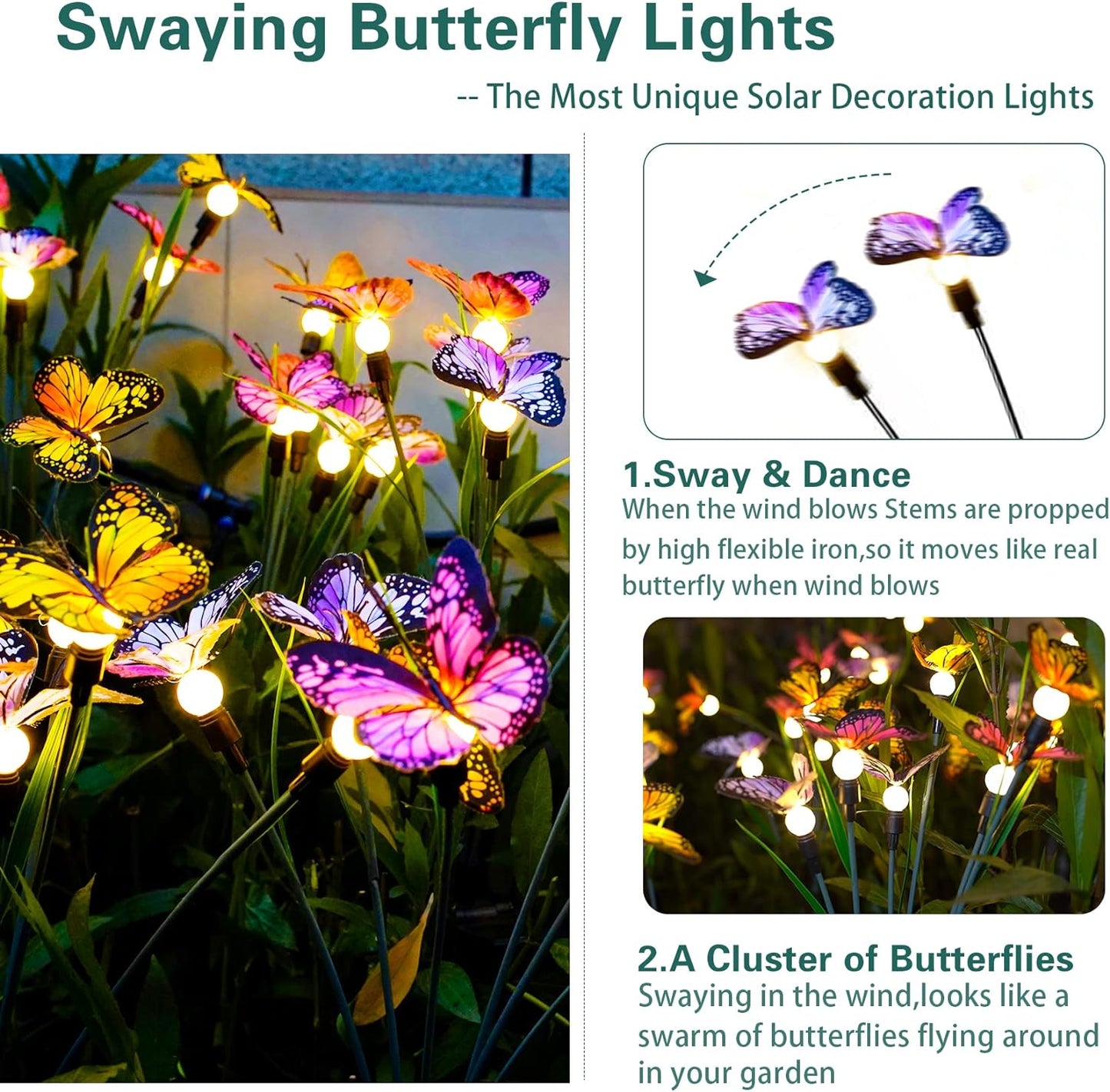 Neporal Solar Garden Lights, Swaying Butterfly Light, Swaying in The Wind, Solar Outdoor Lights, Yard Patio Pathway Decoration, High Flexibility Iron Wire & Realistic Butterflies (2 Pack)