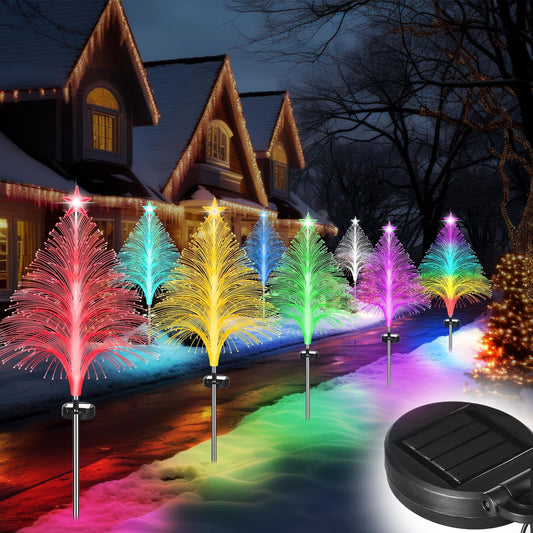 Neporal 8Pcs Christmas Tree Solar Lights Outdoor 7 Color Star Tree Solar Lights Waterproof Christmas Outdoor Decorations Lights Yard Stake for Xmas Pathway Patio Lawn Outside Decorative