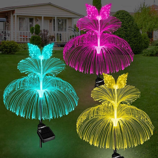 Solar Garden Lights Outdoor Waterproof 3 Pack Solar Flower Lights Yard Lights 7 Color Changing double Jellyfish Wing Solar Yard Lights for Garden Decor Yard Decor Outdoor Decor Gifts for Women