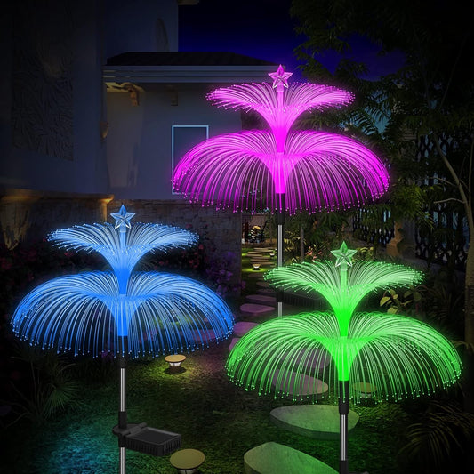 Neporal Solar Garden Lights 3 Pack New Upgraded Outdoor Waterproof 7 Color Changing double Jellyfish and Star Solar Flower Lights for Yard Decor,Outdoor Decor,Gifts for Women