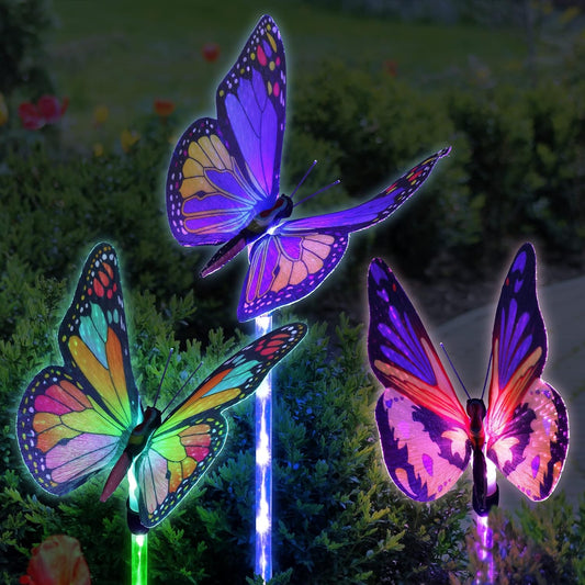 Neporal Garden Solar Lights, Set of 3 Fiber Optic Butterfly Garden Stakes, Color Changing LED, Outdoor Garden Decoration, 5 x 30 Inch