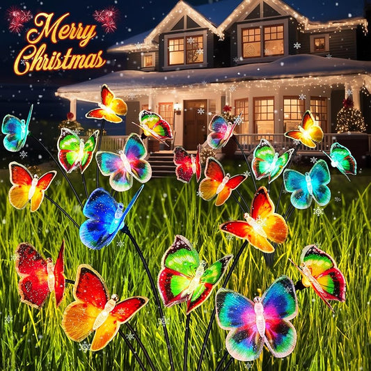 Neporal Solar Garden Lights, Swaying Butterfly Garden Lights Solar Outdoor, 7 Color Changing Solar Lights for Outside Yard Patio Decorations, Swaying in The Wind Sparkling Butterfly Garden Decor 2PK