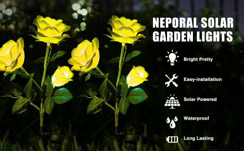 Solar Lights Outdoor Garden Decorative 1 Pack, Solar Flower Lights with 3 Yellow Roses, Rose Solar Lights with Dusk to Dawn, Garden Solar Lights Waterproof IP65 for Garden Decorations, Cemetery.