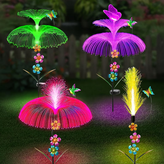 2 Pack Solar Garden Lights, New Upgraded Solar Jellyfish Lights, Outdoor Waterproof, 7 Color Changing Jellyfish With Hummingbird/ Butterfly Solar Outdoor Lights For Garden Yard Pathway Lawn Party Decor